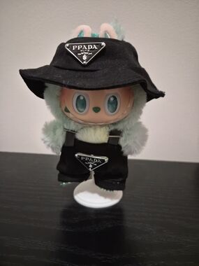 Labubu Green Plush Reptile Plush Toy with Black Hat and Overalls